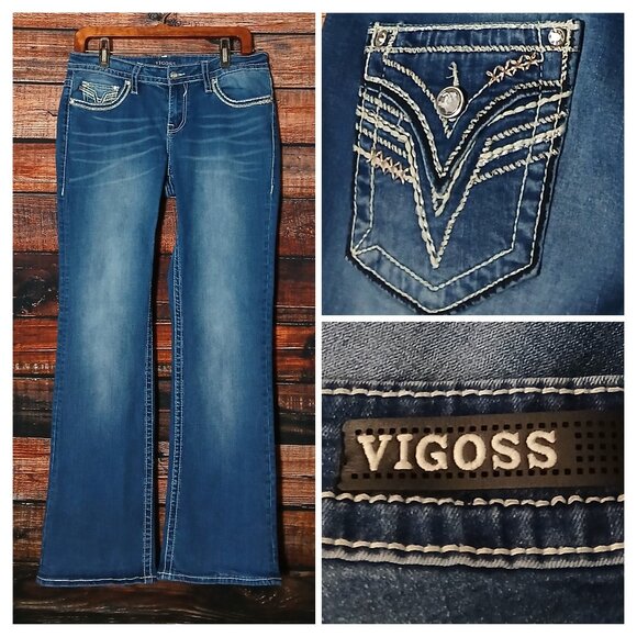 Vigoss Jeans Size 10 Boot Cut Mid Rise Embellished Dark Blue Denim Stretch - Picture 1 of 11